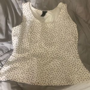 White peplum blouse with grey poka dots. (L) Ann Taylor